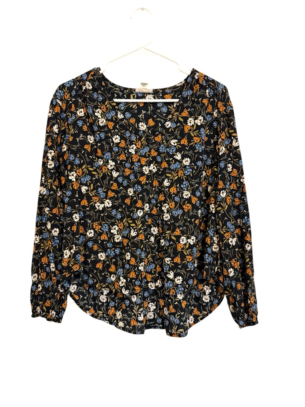 2/$30 ANA Floral Blouse Medium Black Blue Orange High Low Boho Top